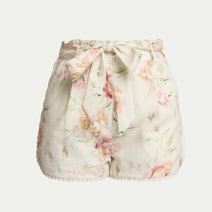 CAROLINE CONSTAS LINEN BLEND HIGH WAISTED FLORAL PRINT LACE TRIM SHORTS Cream XS